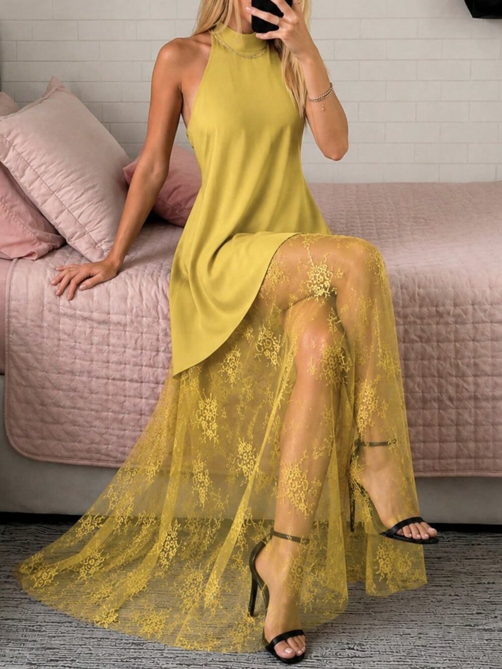 Yellow Casual Women's Sleeveless  Sheer Lace detailed A-Line Dress - Picture 4 of 6